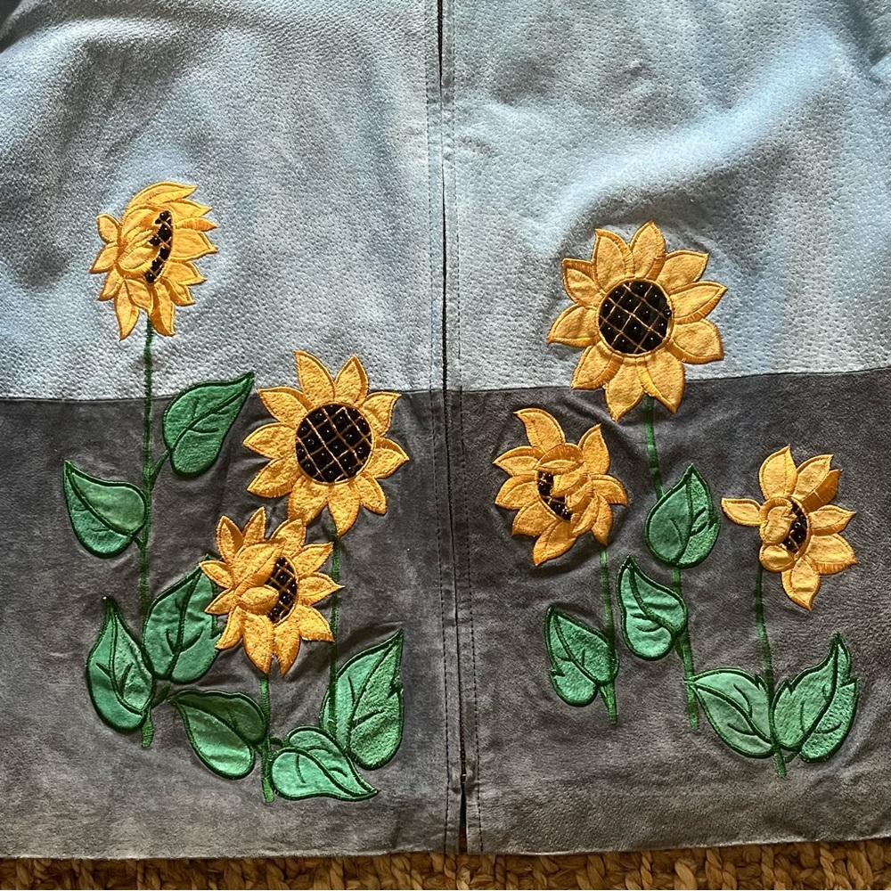 Suede Leather Barn Jacket L Blue Sunflowers Whipstitch Fall Boho Chore Quacker - Picture 15 of 16